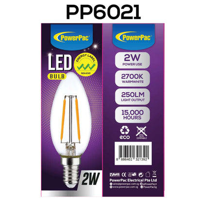 2 Pieces x PowerPac 2W E14 LED Bulb - Warm White (PP6021) - PowerPacSG