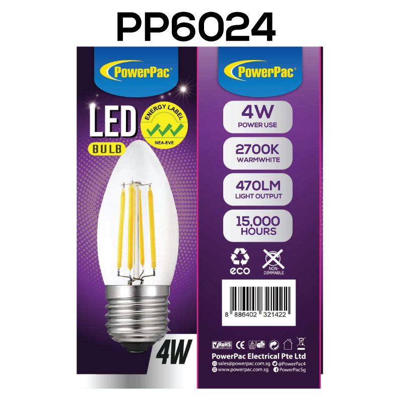 2 Pieces x PowerPac 4W E27 LED Bulb - Warm White (PP6024) - PowerPacSG