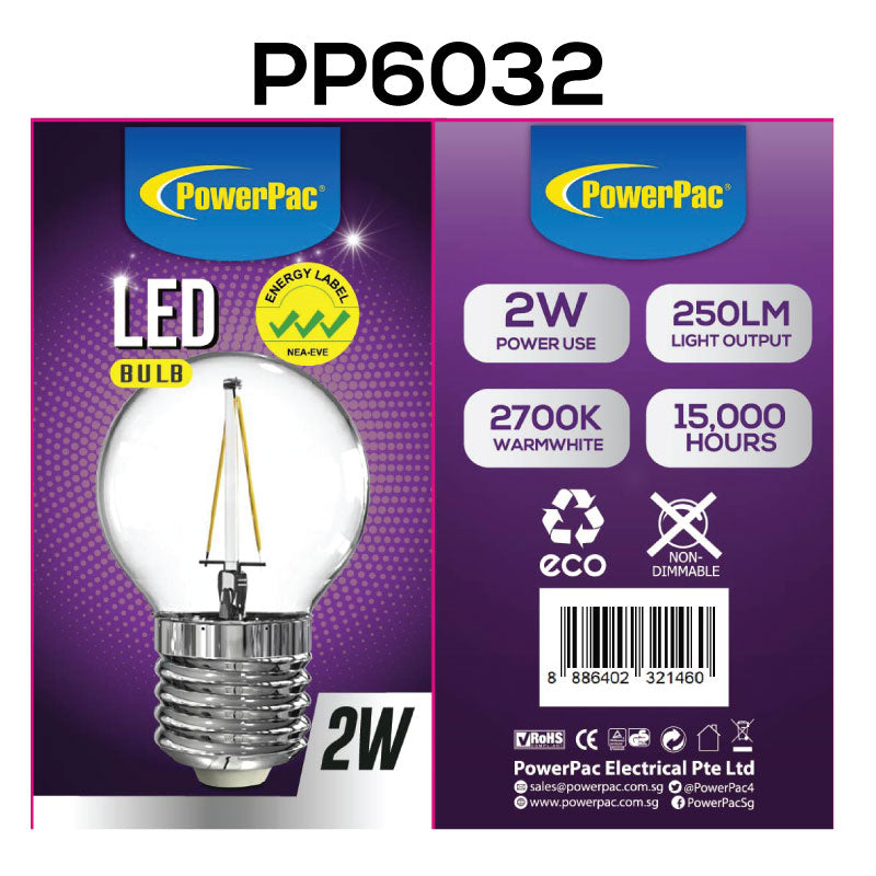 2 Pieces x PowerPac 2W E27 LED Bulb - Warm White (PP6032) - PowerPacSG