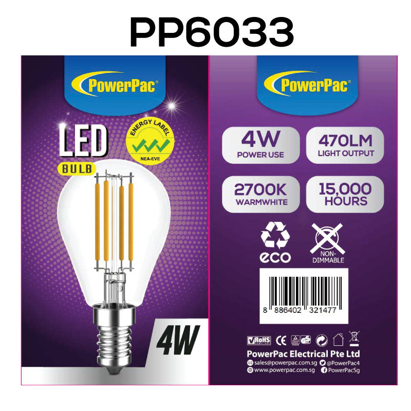 2 Pieces x PowerPac 4W E14 LED Bulb - Warm White (PP6033) - PowerPacSG