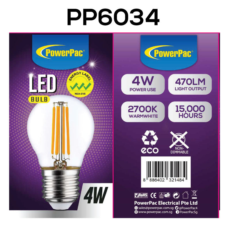 2 Pieces x PowerPac 4W E27 LED Bulb - Warm White (PP6034) - PowerPacSG