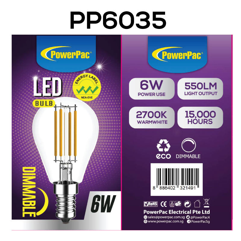 2 Pieces x PowerPac 6W E14 Dimmable LED Bulb - Warm White (PP6035) - PowerPacSG