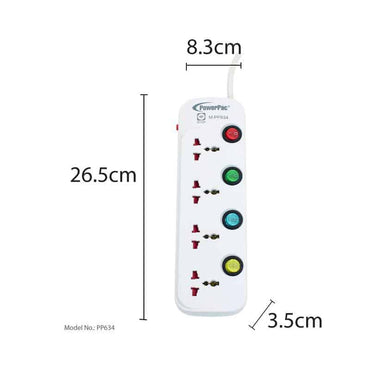 4 Way 3 Metre Multi extension socket with surge protector (PP634) - PowerPacSG