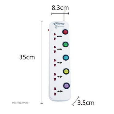 5 Way 3 Metre Multi extension socket with surge protector (PP635) - PowerPacSG