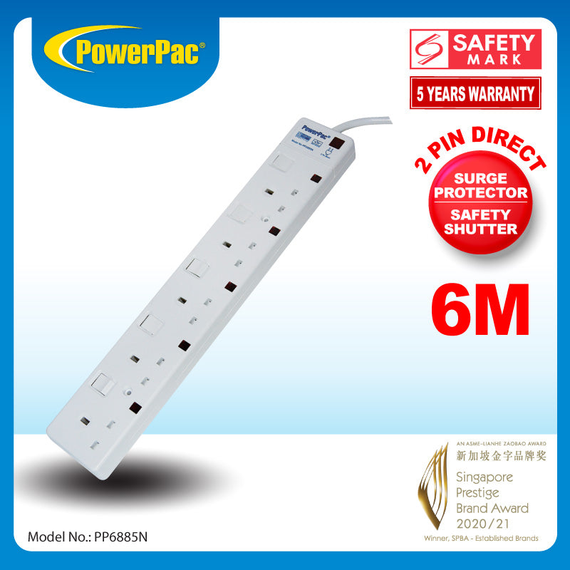 6 Metre 5 Way Extension Cord with 2-Pin Direct. (PP6885N)