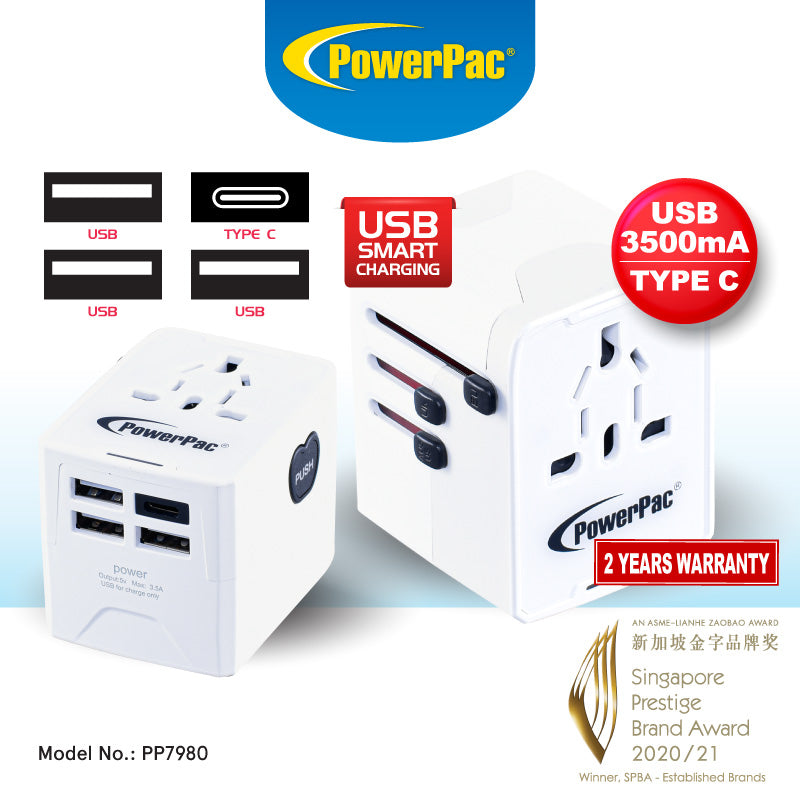 Multi Travel Adapter with 3x USB + 1x Type-c Charger (PP7980)