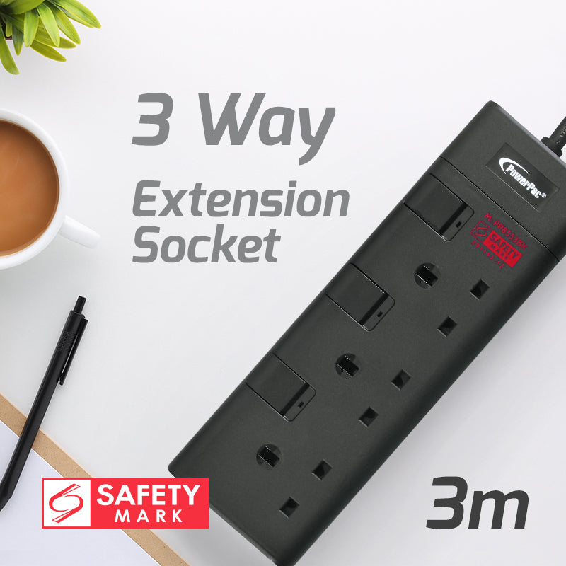 3 Way Extension Cord, Extension Socket, Safety Mark 3 Meter (PP8553BK) - PowerPacSG