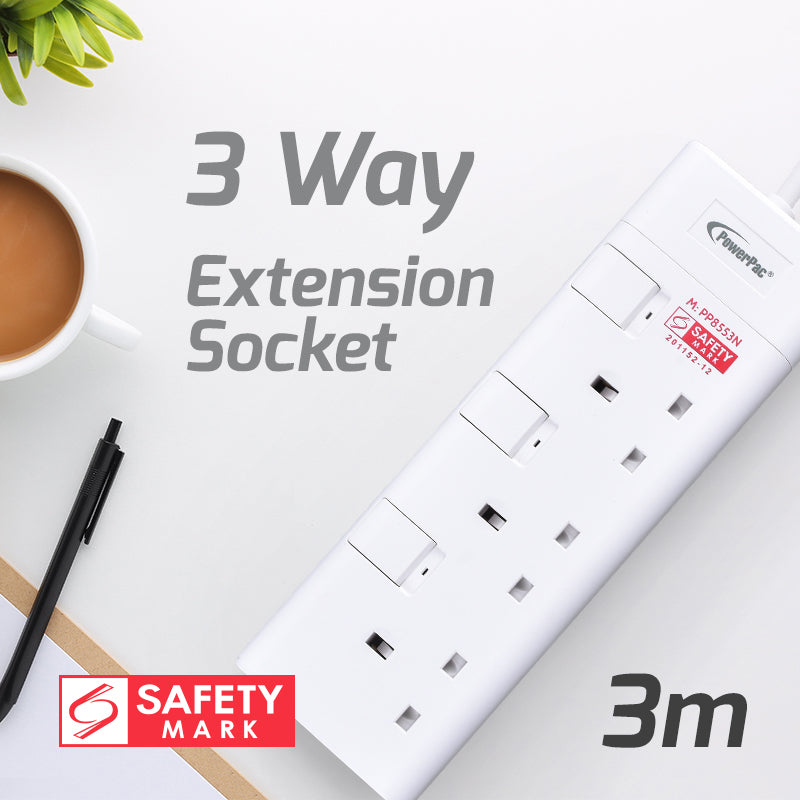 3 Way Extension Cord, Extension Socket, Safety Mark 3 Meter (PP8553N) - PowerPacSG
