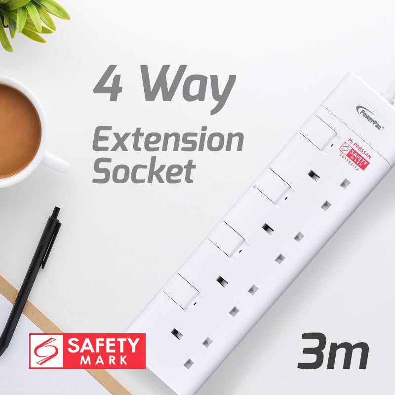4 Way Extension Cord, Extension Socket, Safety Mark 3 Meter (PP8554N) - PowerPacSG