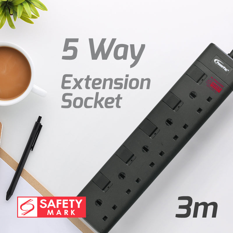 5 Way Extension Cord, Extension Socket, Safety Mark 3 Meter (PP8555BK)