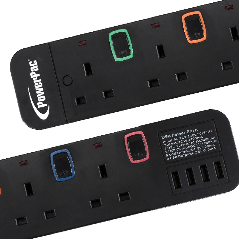 Power Extension Socket Extension Cord 6way 3 meter with 4x USB Charger ...
