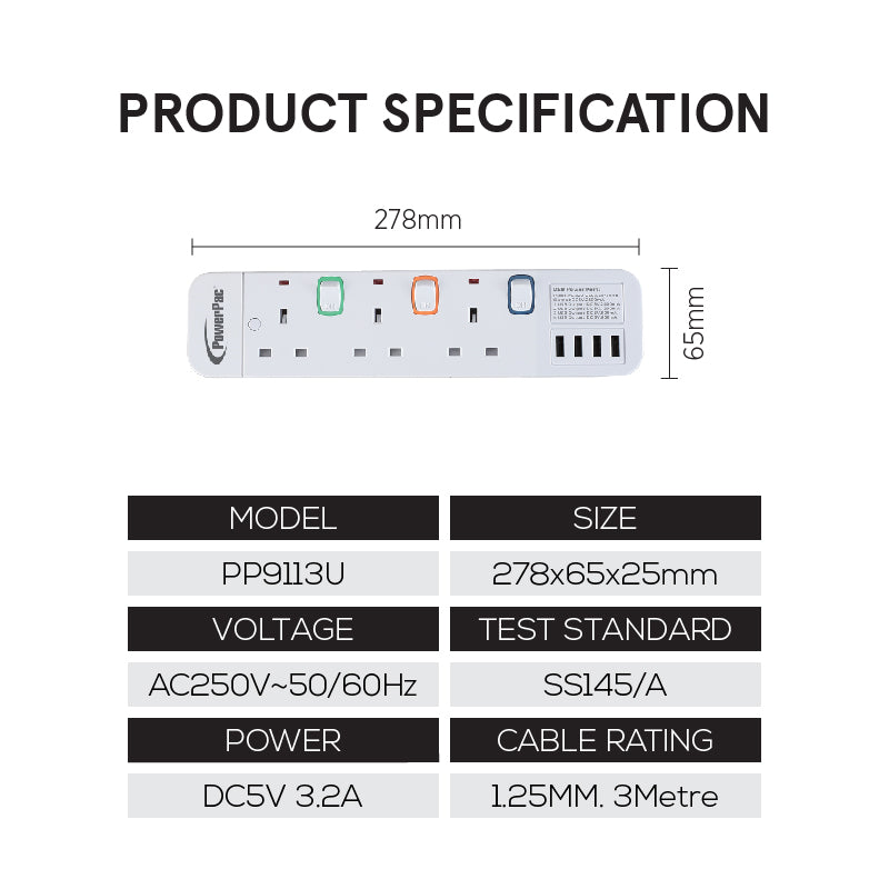 Extension Socket Extension Cord Power Cord 3 way 3 meter 4x USB Charger (PP9113U)