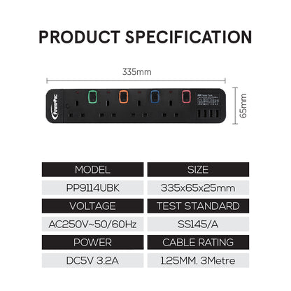 Power Extension Socket Extension Cord 4way 3 meter with 4x USB Charger (PP9114UBK)