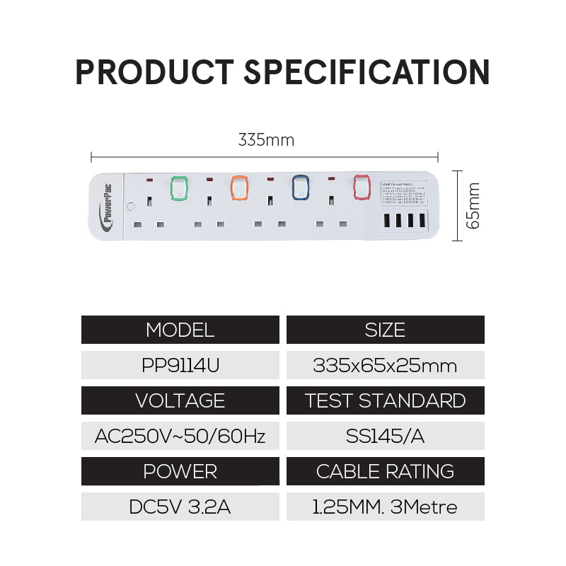 Power Extension Socket Extension Cord 4way 3 meter with 4x USB Charger (PP9114U)