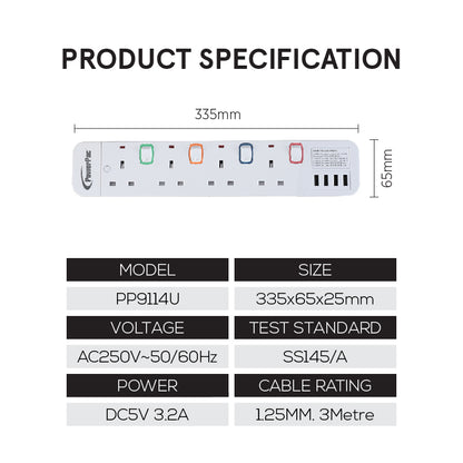 Power Extension Socket Extension Cord 4way 3 meter with 4x USB Charger (PP9114U)