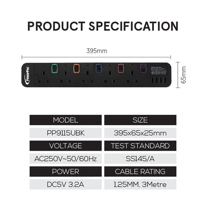 Power Extension Socket Extension Cord 5way 3 meter with 4x USB Charger (PP9115UBK)