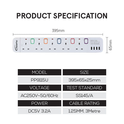 Power Extension Socket Extension Cord 5way 3 meter with 4x USB Charger (PP9115U)
