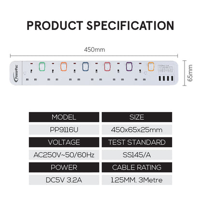 Power Extension Socket Extension Cord 6way 3 meter with 4x USB Charger (PP9116U)