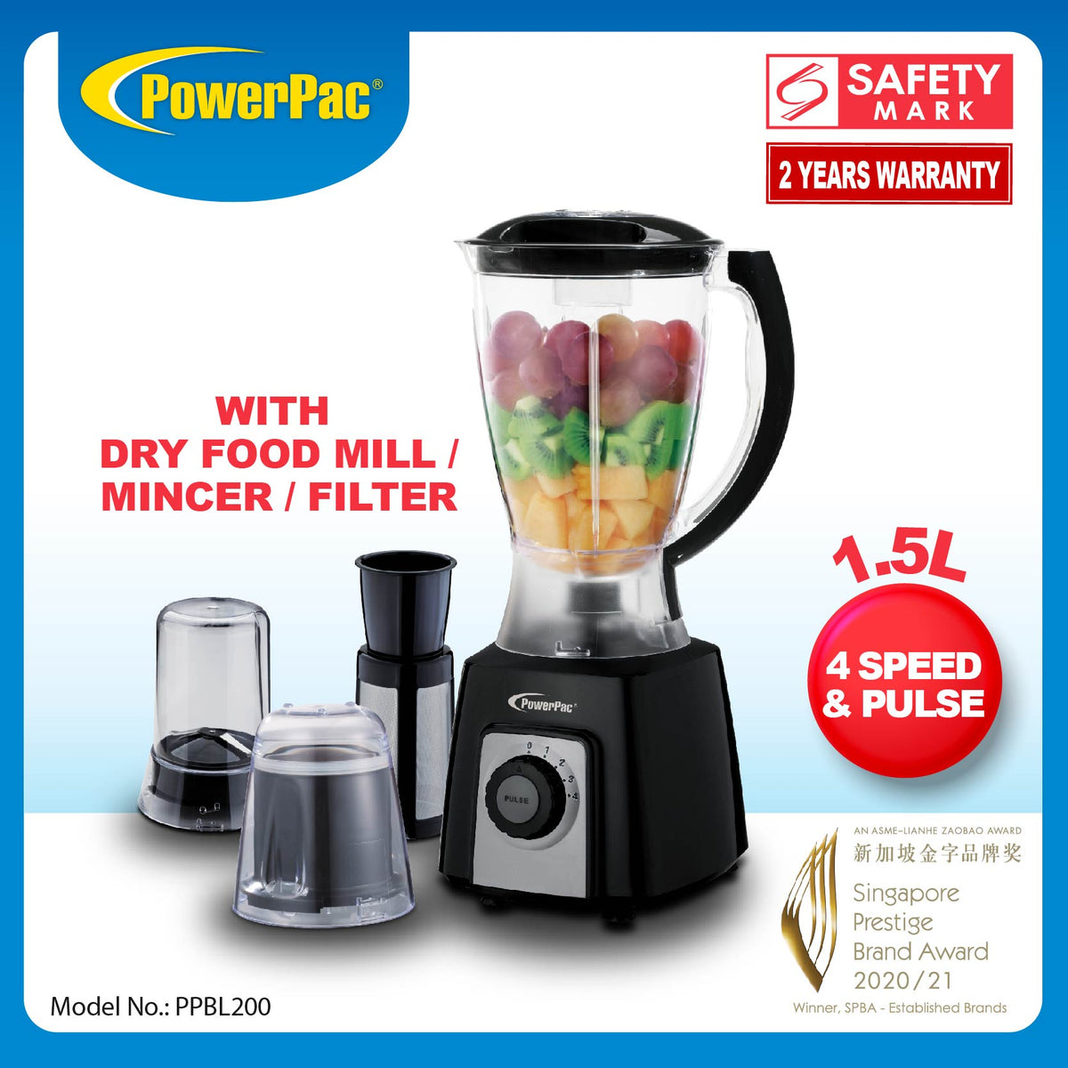 4in1 Blender with Dry Food Mill, Mincer and Filter (PPBL200)