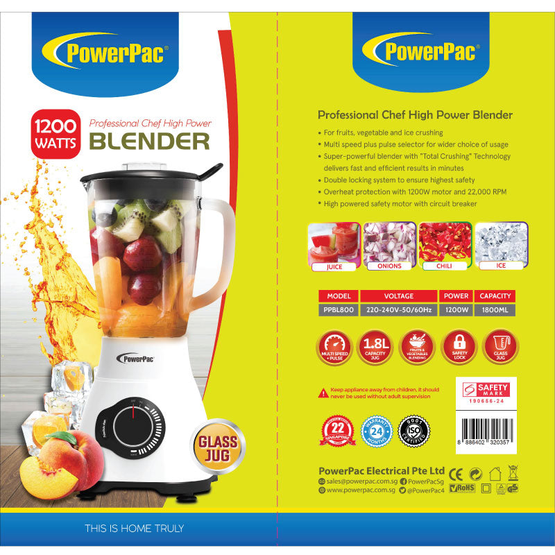 Professional High Power Blender with Glass Jug 1200W (PPBL800) - PowerPacSG
