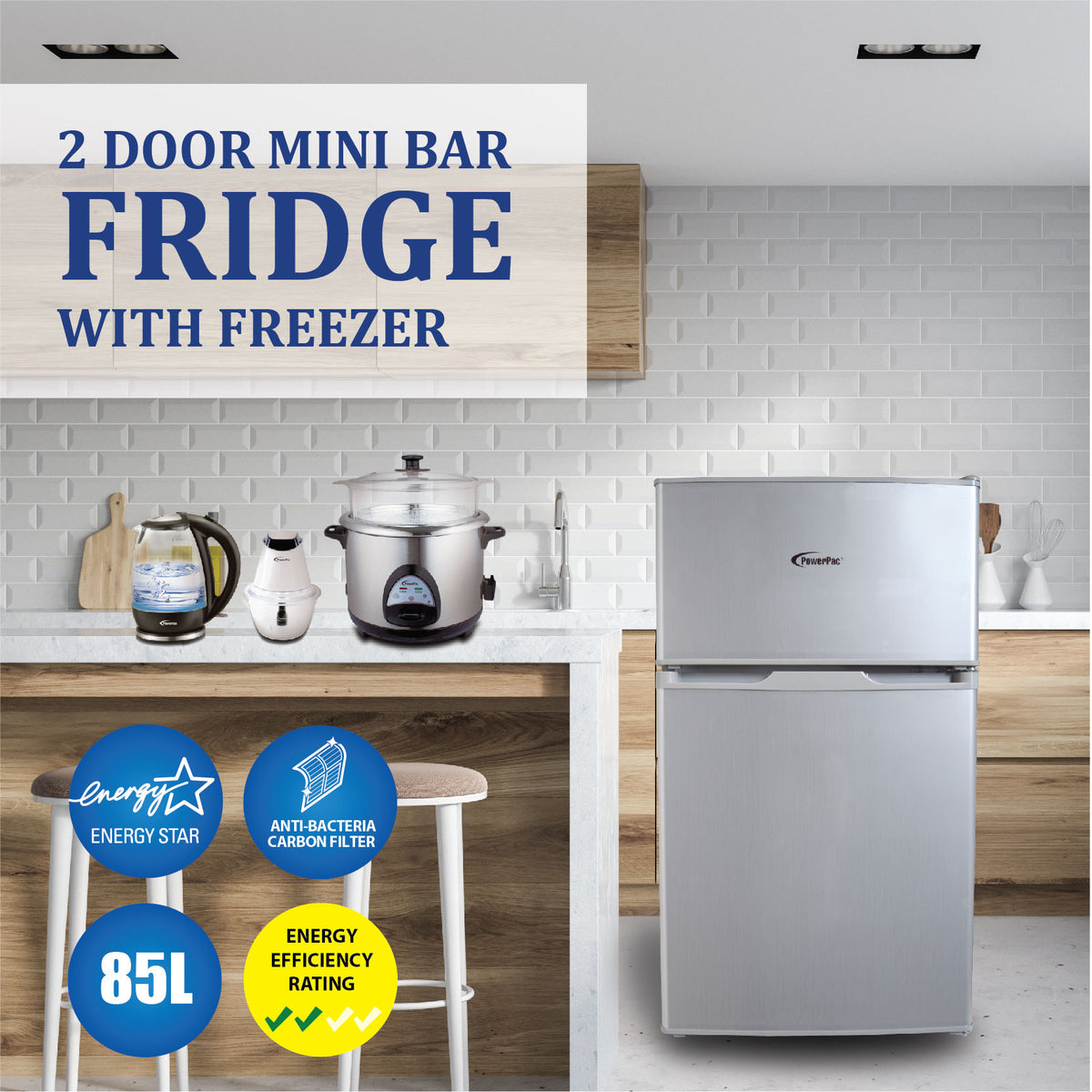 71L 2 Door Mini Bar Fridge with Freezer (PPF85) - PowerPacSG