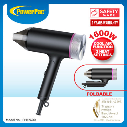 Turbo Travel Hair Dryer, Foldable Hair Dryer, 1800W (PPH2600