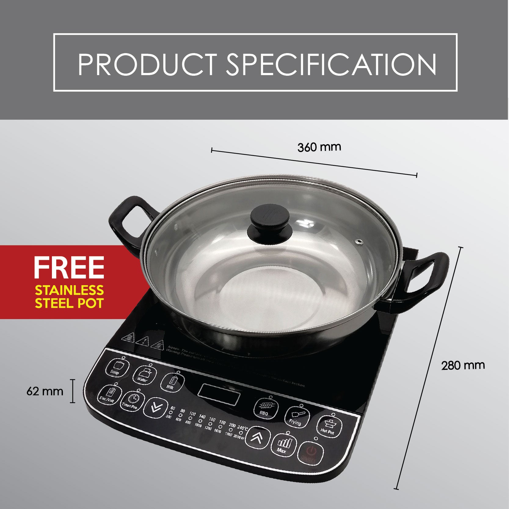 Induction Cooker Steamboat with Stainless Steel Pot (PPIC887) - PowerPacSG