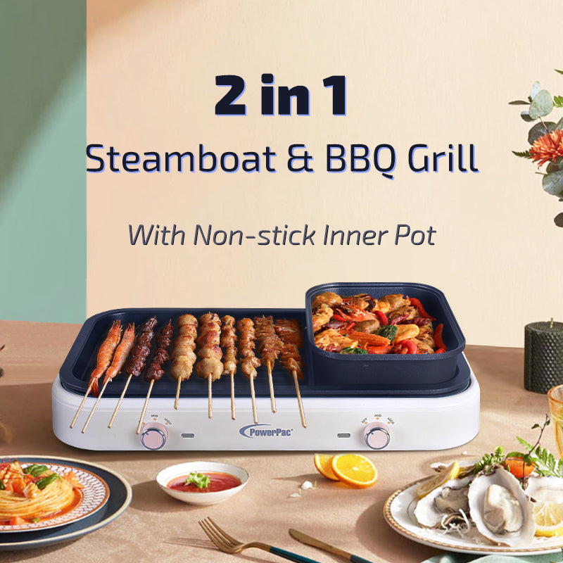 Steamboat with BBQ Grill, 2 in 1 Multi Cooker with Non-stick inner pot (PPMC763) - PowerPacSG
