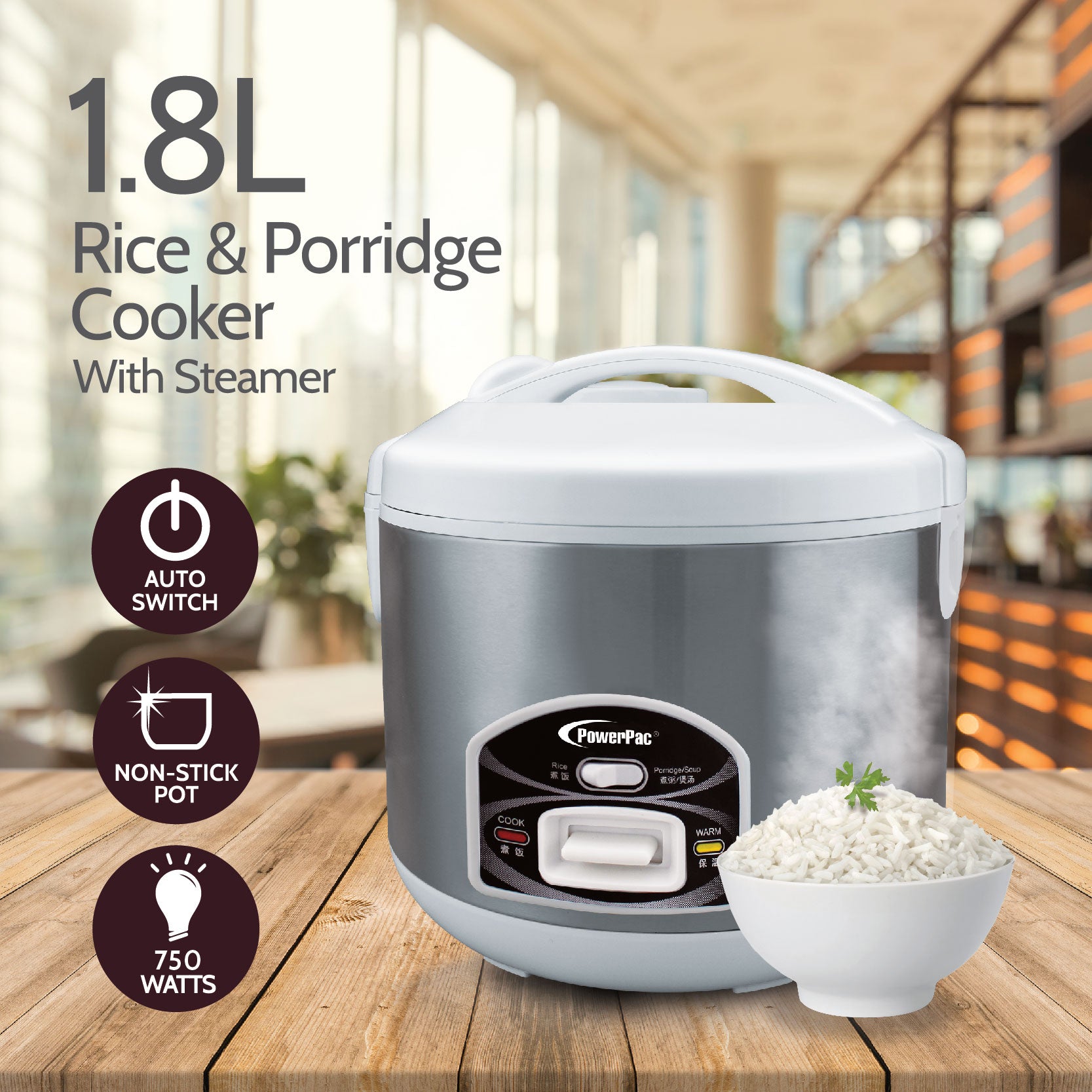 1.5L Rice Cooker with Steamer auto switch aluminium cook pot (PPRC66) -  PowerPacSG