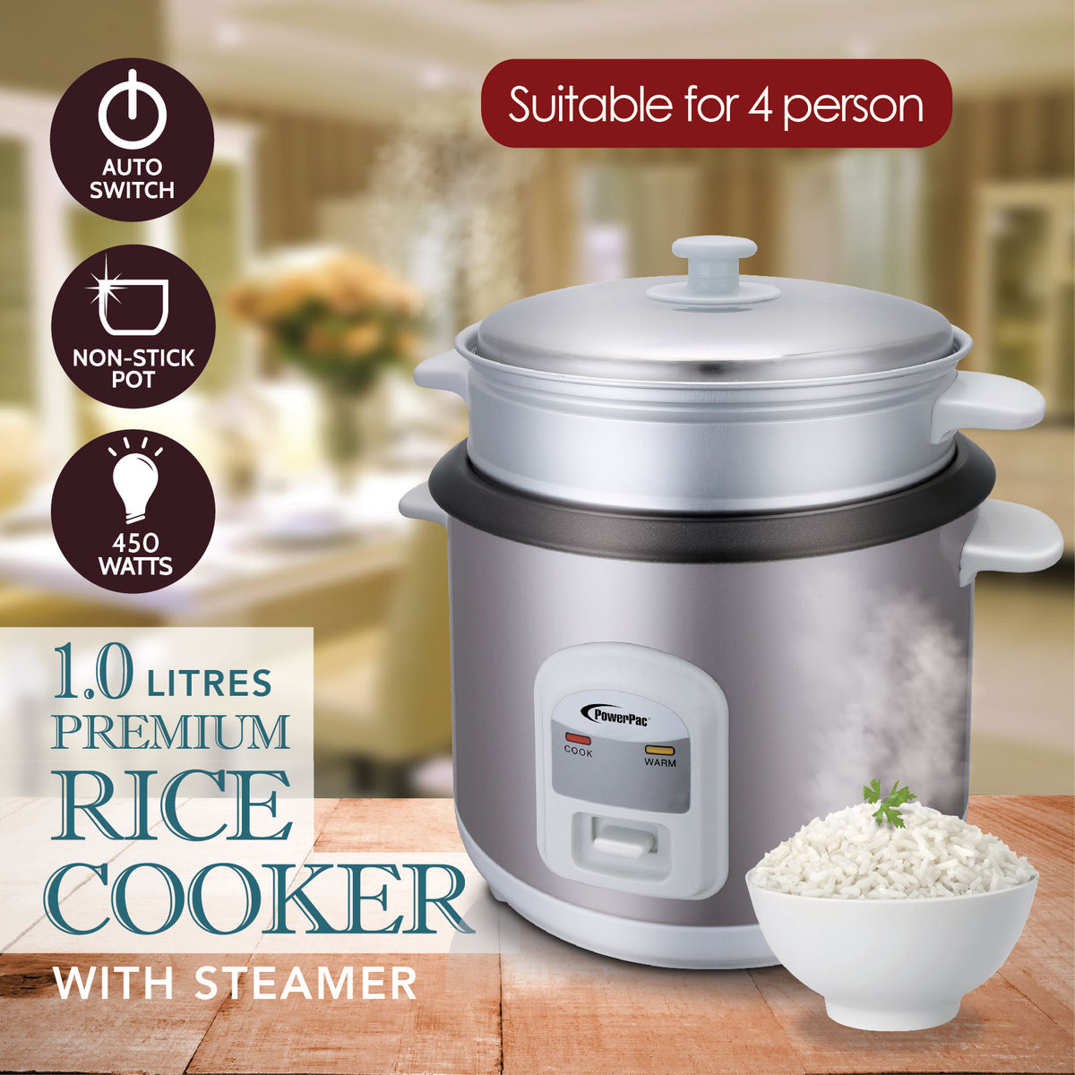 1L Rice Cooker with Steamer (PPRC64) - PowerPacSG