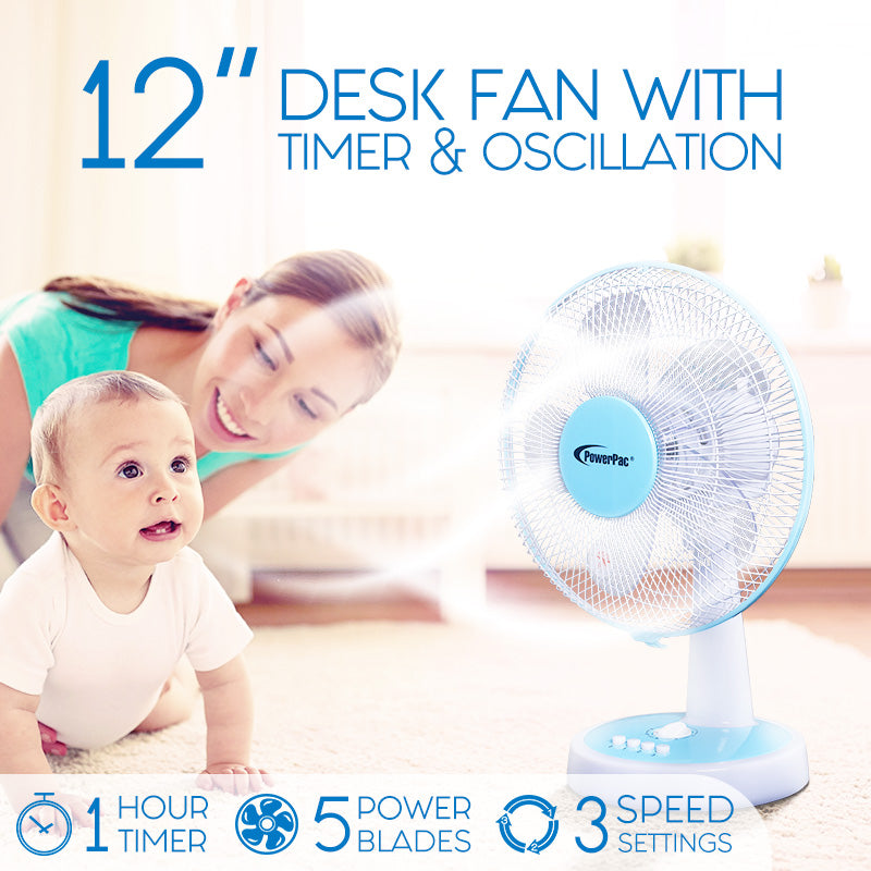 Desk Fan 12&quot; with Oscillation &amp; Timer (PPTF303) - PowerPacSG