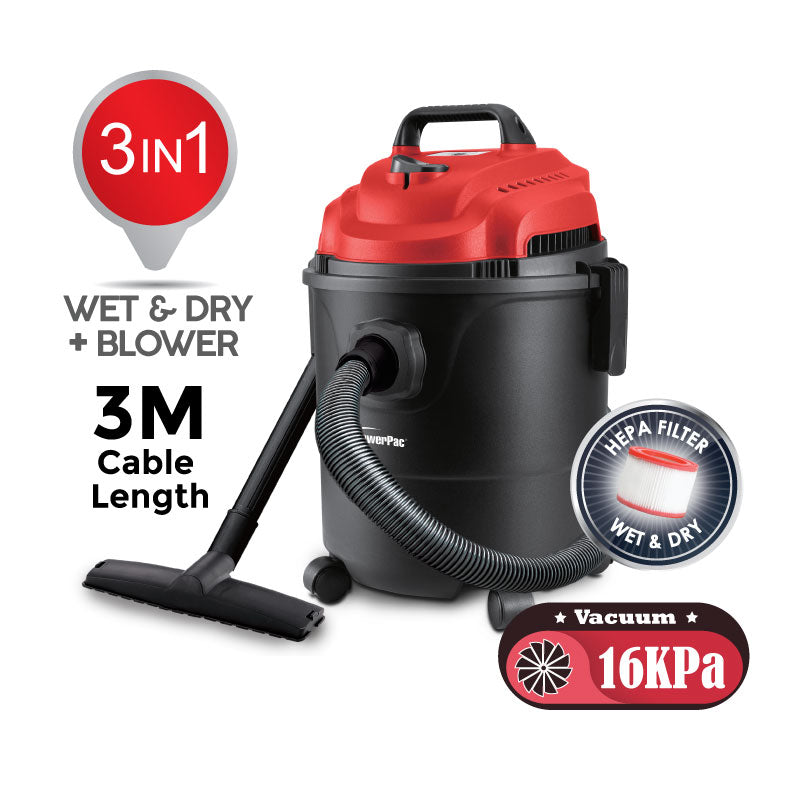 Vacuum Cleaner Wet &amp; Dry + Blower with Vacuum 16KPa Suction (PPV1300) - PowerPacSG