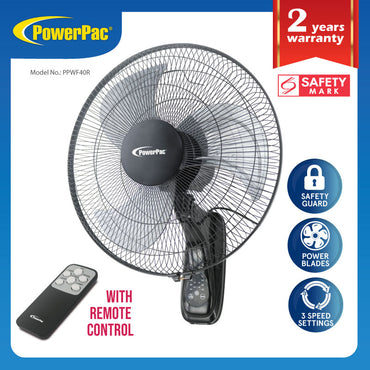 16" Wall Fan with Remote Control – 3 Speed Settings, Oscillation, Adjustable Tilt, Thermal Protection, Wall Mountable, PPWF40R