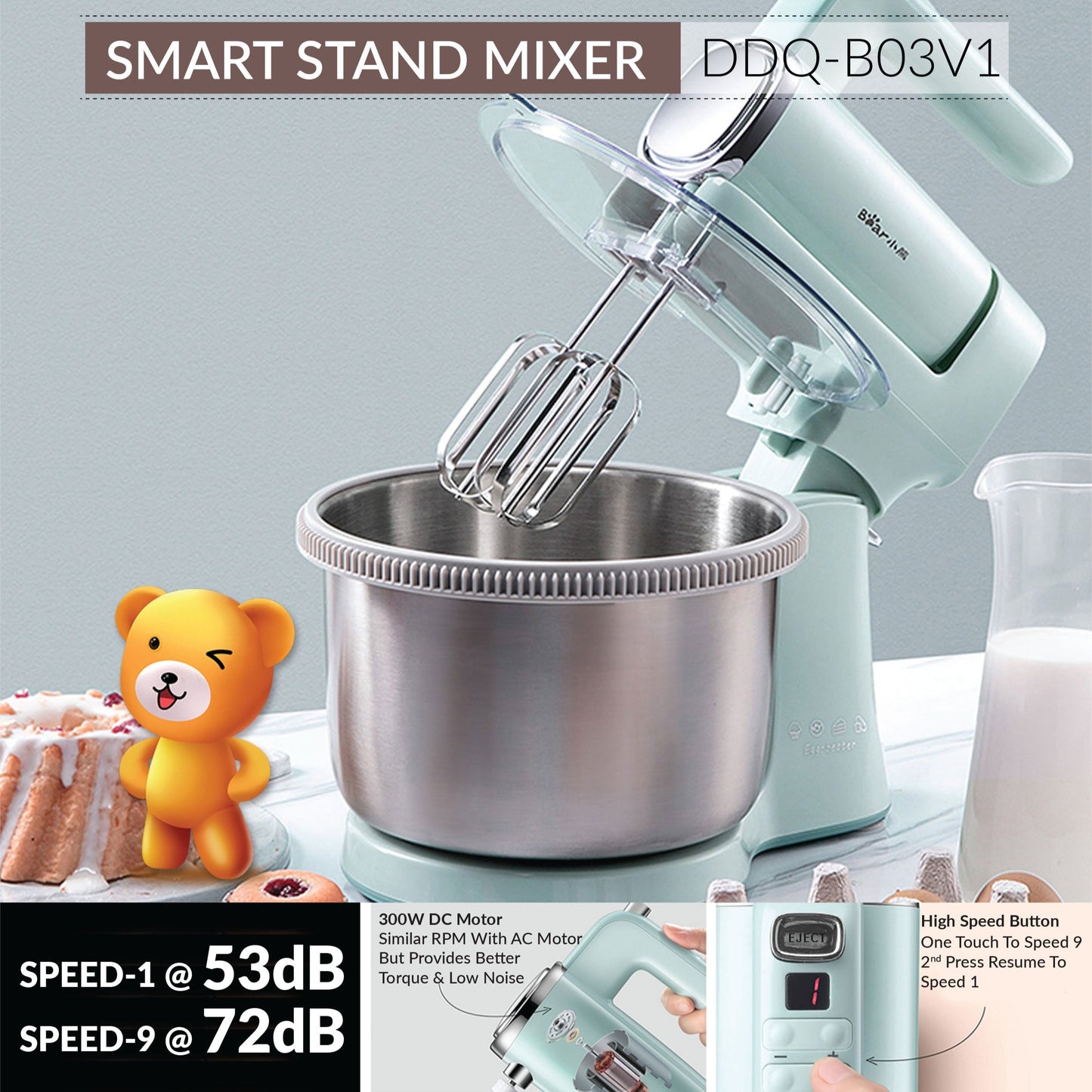 Bear Digital 4L Stand Mixer With Stainless Steel Bowl (DDQ-B03V1) - PowerPacSG