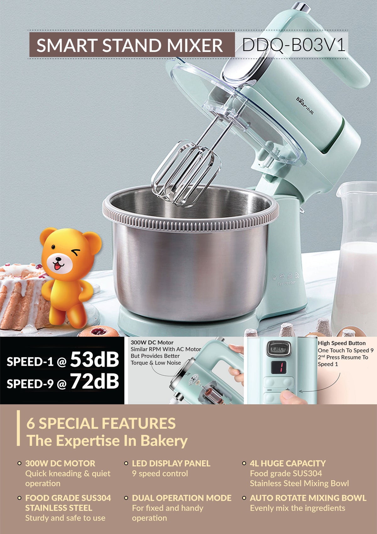 Bear Digital 4L Stand Mixer With Stainless Steel Bowl (DDQ-B03V1) - PowerPacSG