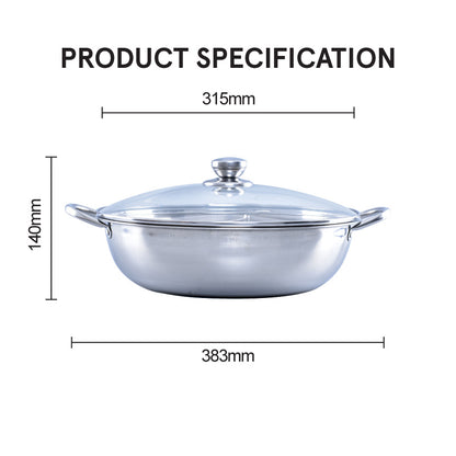 Stainless Steel Yuan Yang Pot / 鸳鸯锅  with Glass Lid 32CM (YYPOT)